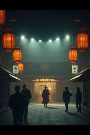 电影大片主视觉竖版海报，深紫夜空下一束放映机光柱落在空旷影厅的成排座椅上